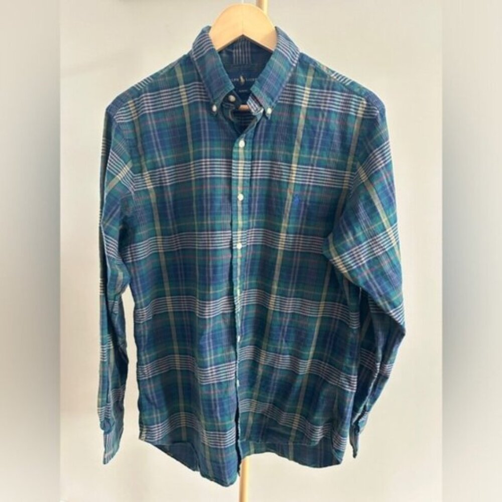 Ralph Lauren Green Plaid Shirt Men's Large Slim Fit Cotton